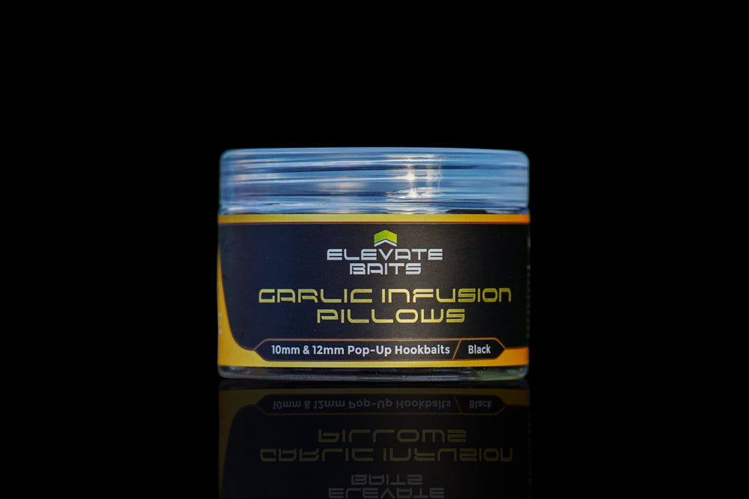 Elevate Baits Garlic Infusion 10mm & 12mm Pop Up Pillows – Black