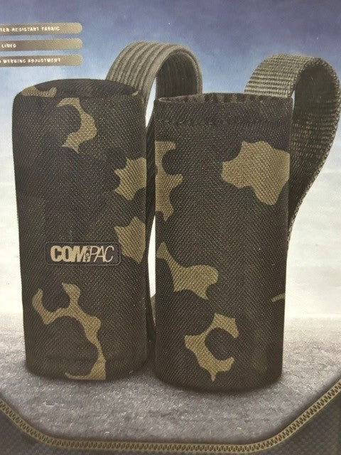 Two dark olive green and tan camouflage utility pouches connected by adjustable elasticated webbing strap