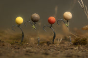Four fake baits with different colours on a sandy surface