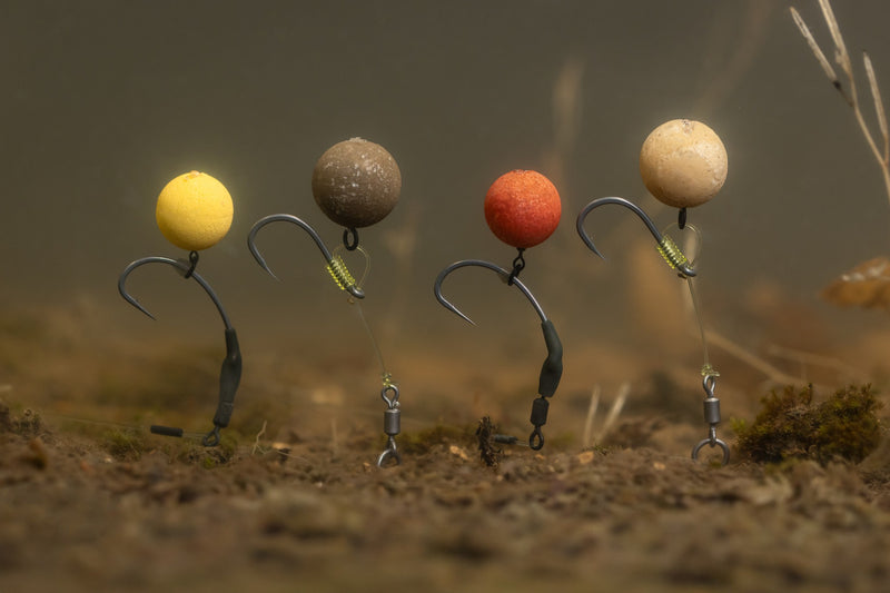 Four fake baits with different colours on a sandy surface